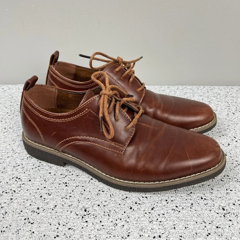 Deer Stags Zander‎ Boys 5M Brown Faux Leather Oxford Dress Shoes Memory Foam